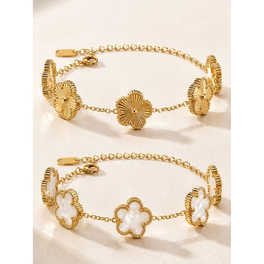 18K Gold 5 Leaf Clover Double Bracelet Set Lucky Charm VC Alhambra Style 6.5-8.5